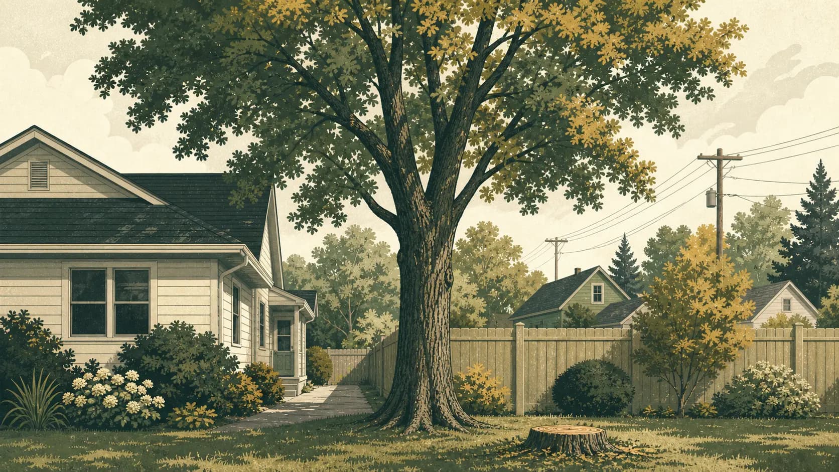 Editorial illustration of a mature tree near a house, fence, narrow access path, and utility lines